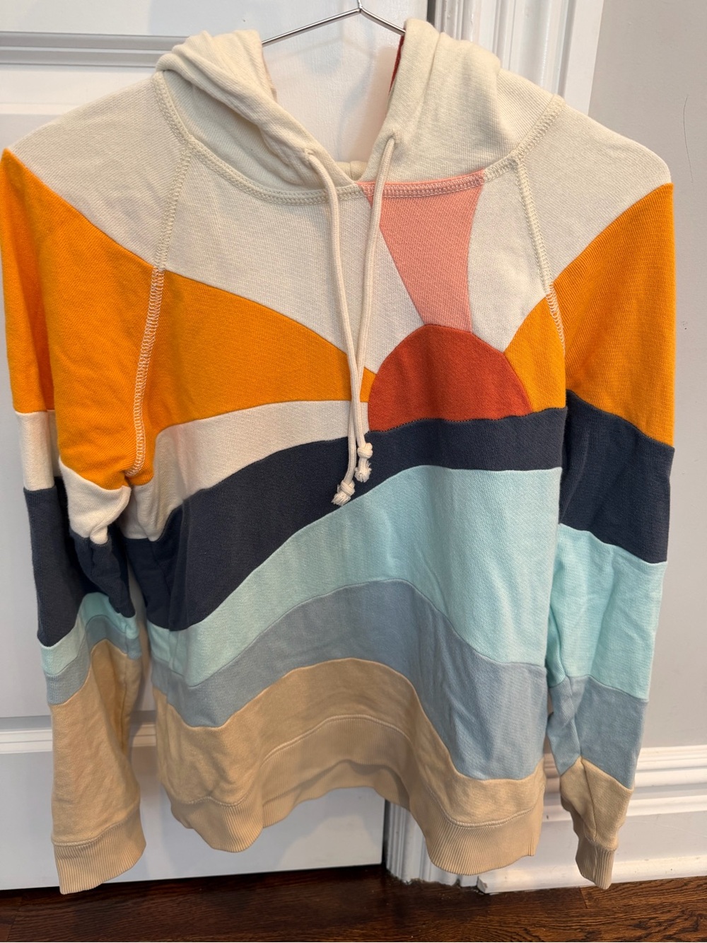 Faherty Soleil Sunrise Stripe Pullover Hoodie in Cream, Orange & Blue